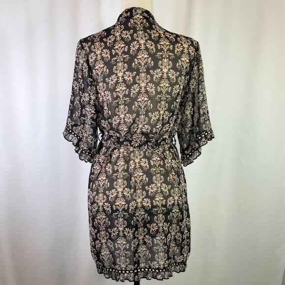 Forever 21 Robe Size S Baroque Pattern Black Tan Ribbon Ruffle Hem Elbow Sleeves - Picture 3 of 10